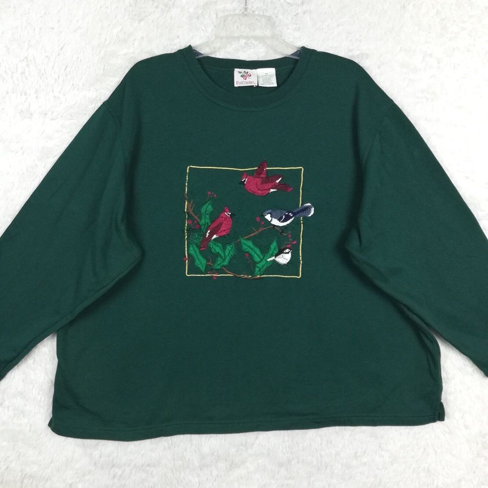 Nut Cracker Womens Sweatshirt Pullover Bird Embroidered Green Crew Neck‎ Plus 2X